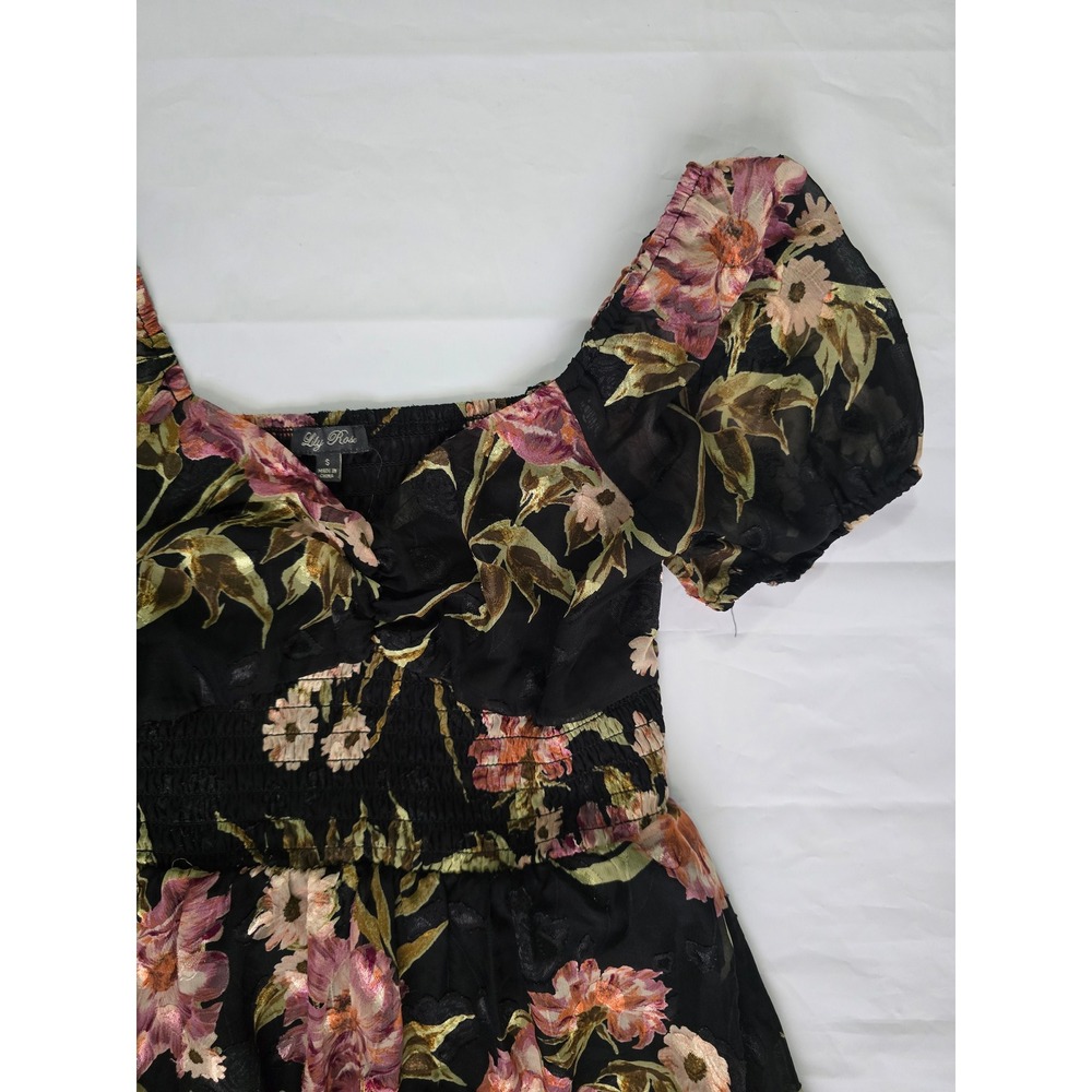 Lily Rose Floral Puff Sleeve Smocked Mini Dress Black Mauve Size Small - Picture 7 of 16